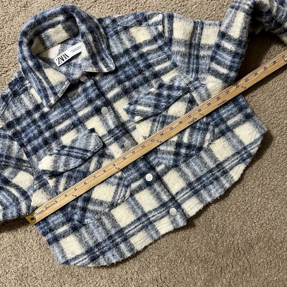 Zara Plaid Cropped Jacket Shacket Blue/Cream Button Front Size S - Picture 7 of 11